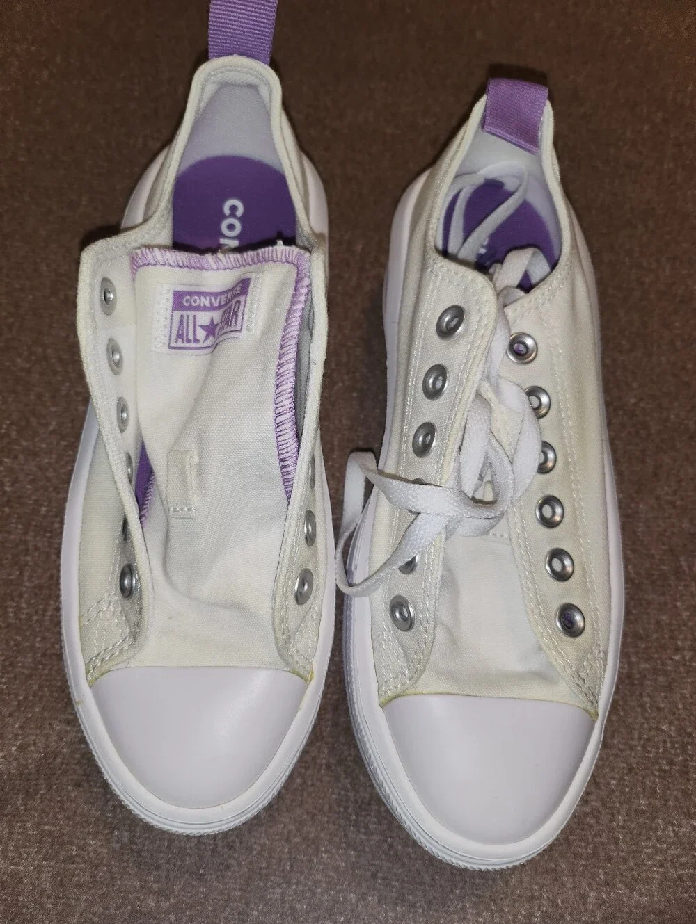 Converse Platform Slip-On Sneakers in Cream with Purple Pull Tab
